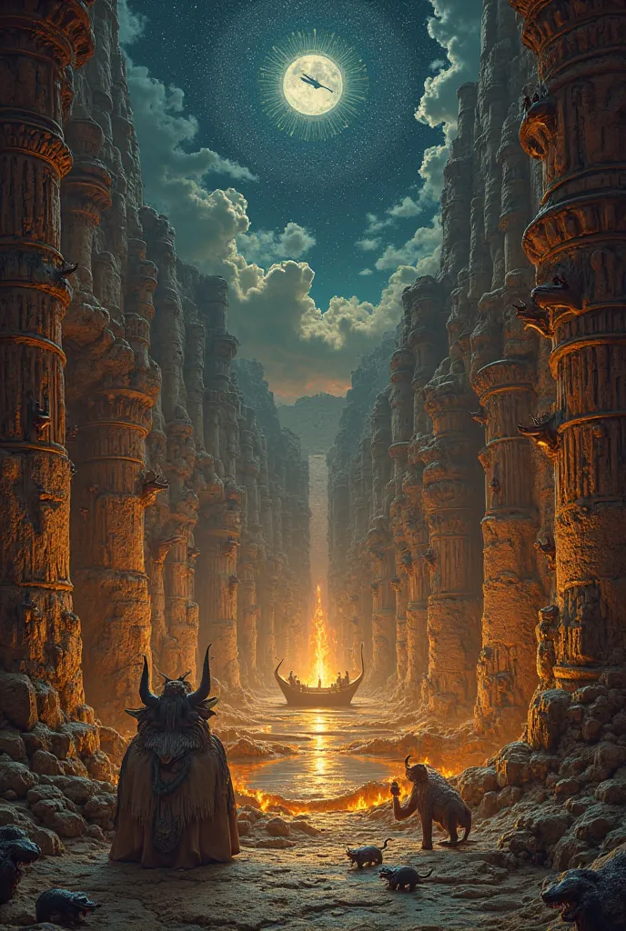 A realistic and detailed representation of the Duat,  the underworld of ancient Egypt . The scene shows a mystical and dark landscape with meandering rivers, enigmatic caverns and lakes of fire. in the center, Osiris presides over the judgment of souls tog...