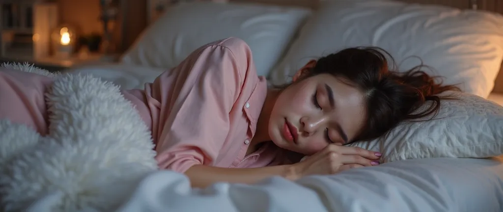 beautiful beautiful woman 70kg gemoy sleeping wearing an pink shirt and pink Pajama Pants sleeping on a bed in the dark night, Wearing a blanket with smooth and soft legs & wearing a blanket, 4k hd, reel