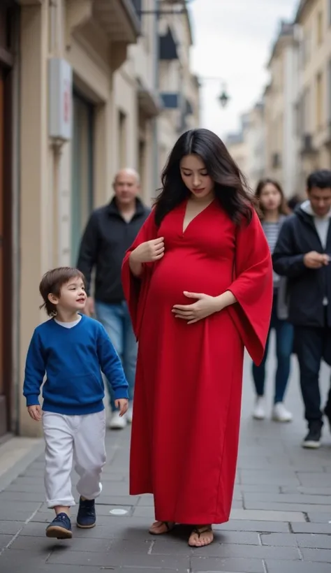 Une vraie chatte blanche enceinte en robe rouge ses genoux par terre soudainement, posant une patte sur son ventre avec un air de douleur. Son fils chaton gris tigré, en pull bleu et d’un pantalon blanc, s’approche d’elle, inquiet, les yeux écarquillés. La...