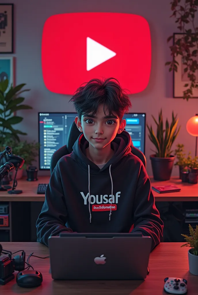 Ai 18 years enime boy, setting in front of a computer desk with a microphone and laptop, wearing black and red hoodie with the channel name on it "Yousaf Tech Information" the background includes a large youtube logo on the well, potted plants on either si...