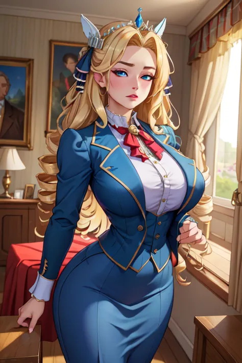 (masterpiece, best quality, absurdres, 4k, aesthetic, detailed, intricate),1girl,nikkecrwn,tiara, hair ribbon, long blonde drill hair, drill locks, Oppulent historically accurate victorian dress, skirt suit, three piece suit, blue plaid suit, gravata, vest...