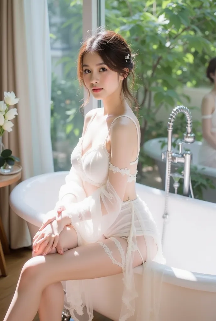 a young woman sitting elegantly on the edge of a white vintage bathtub. She is wearing a delicate white lace outfit with sheer, flowing sleeves, and the fabric drapes gracefully onto the floor. Her hair is styled in a loose, elegant updo adorned with small...