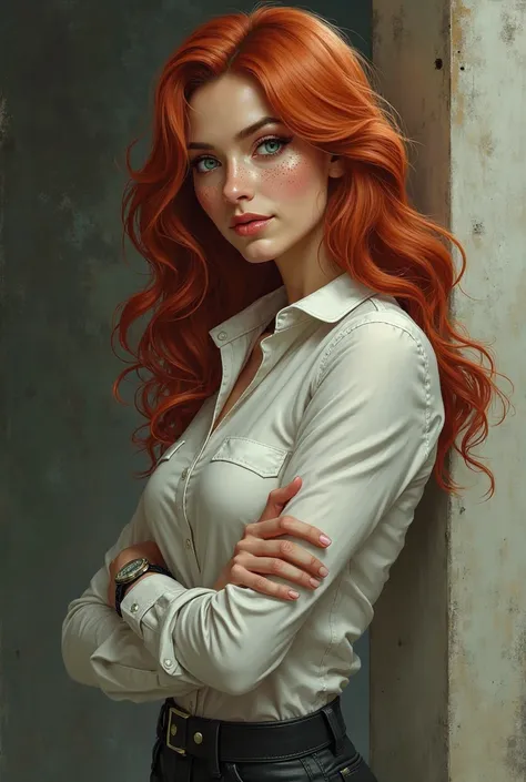 Female detective with a watch on her sleeve and freckles on her face in tall fit white shirt with green eyes tall fit white shirt with long wavy red hair