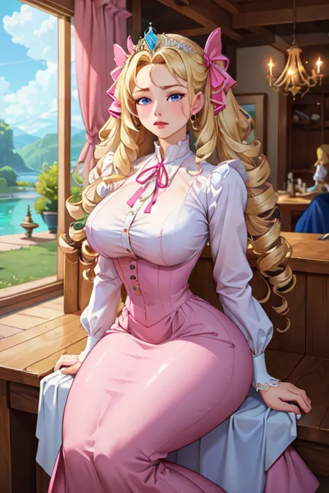 (masterpiece, best quality, absurdres, 4k, aesthetic, detailed, intricate),1girl,nikkecrwn,tiara, hair ribbon, long blonde drill hair, drill locks, Oppulent historically accurate victorian dress, (Shiny pink long sleeve maid dress)、High neck shirt、Mermaid-...