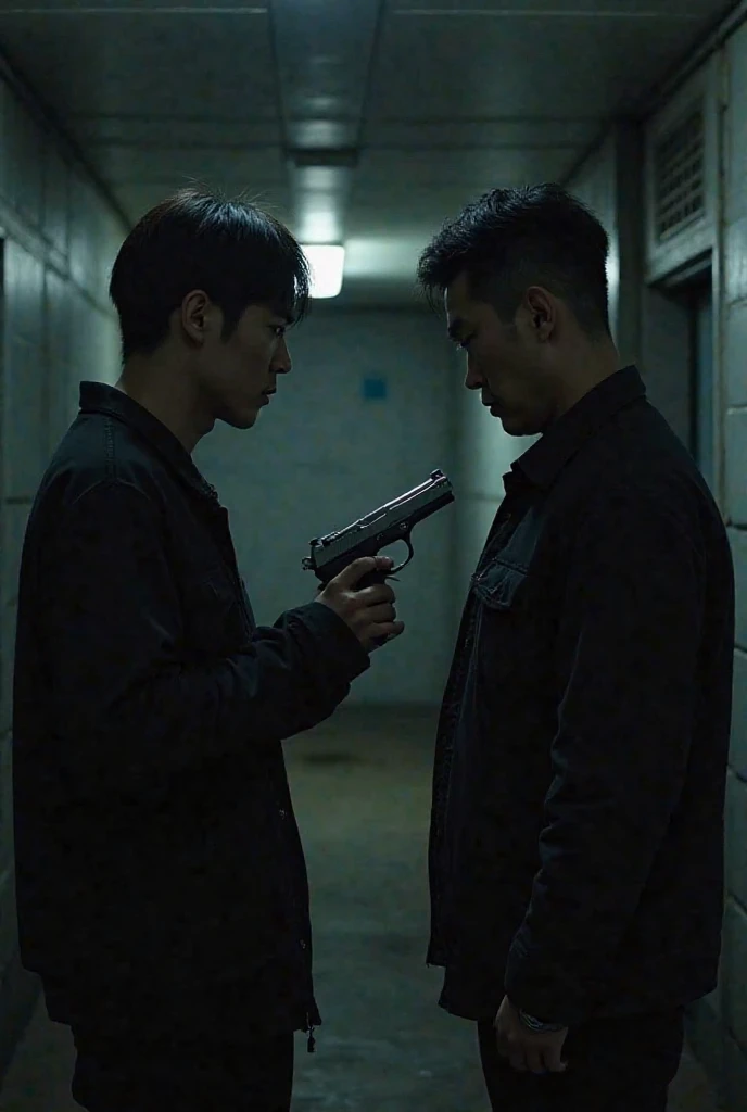 Korean guy points a gun at another Korean guy, photo in the dark from the side to the waist