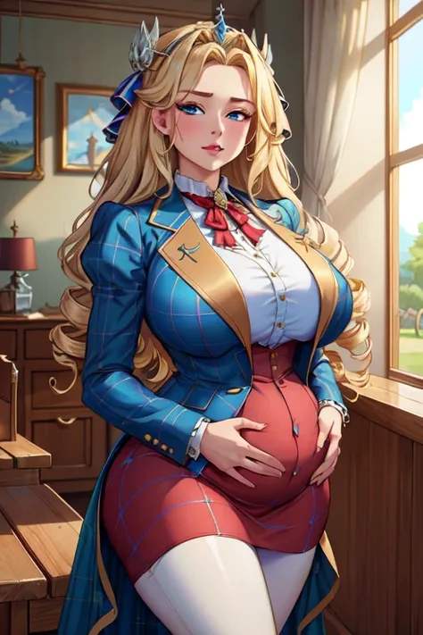 (masterpiece, best quality, absurdres, 4k, aesthetic, detailed, intricate),1girl,nikkecrwn,tiara, hair ribbon, long blonde drill hair, drill locks, Oppulent historically accurate victorian dress, skirt suit, three piece suit, blue plaid suit, gravata, vest...