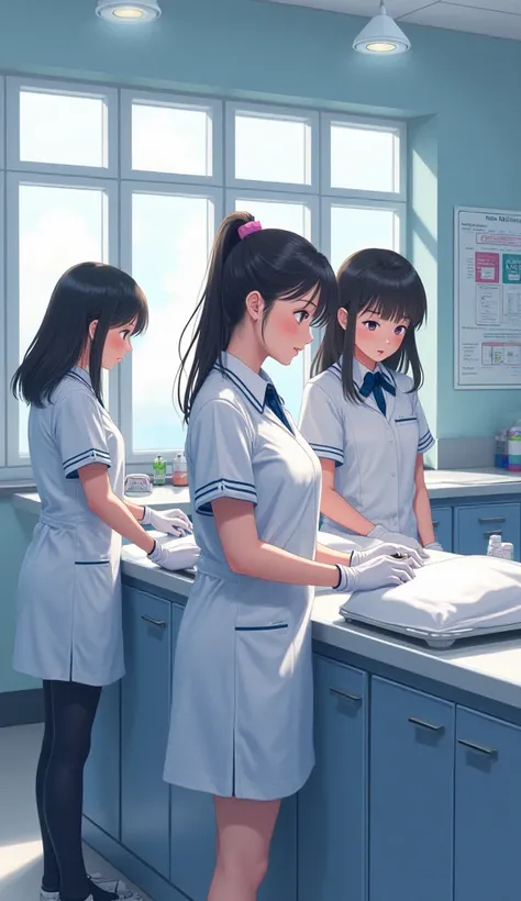  3 girls in gloves at school in nursing room 