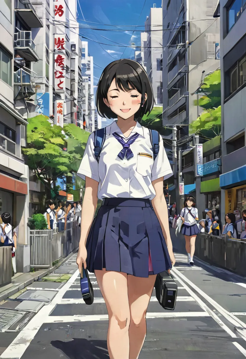 1 girl, late age, Japanese, walking, (masterpiece), hands on hips, half body, from front, school uniform, serafuku, head phone, medium hair, bob cut, black hair, smile, one eye closed, stick out tongue, looking at viewer, cityscape in Tokyo, daytime, in su...