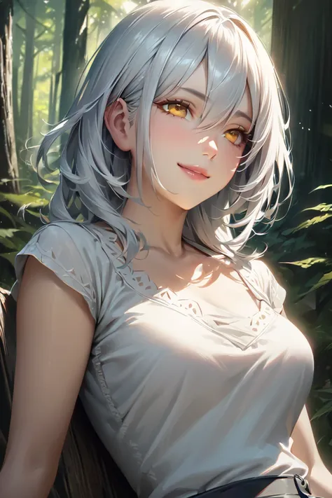 Bust up composition of a woman sitting in a forest where gentle sunlight shines in。White hair shortcut with yellow eyes、A reassuring smile 。BEST QUALITY ILLATION 、 realistic texture and color 。HIGH QUALITY。