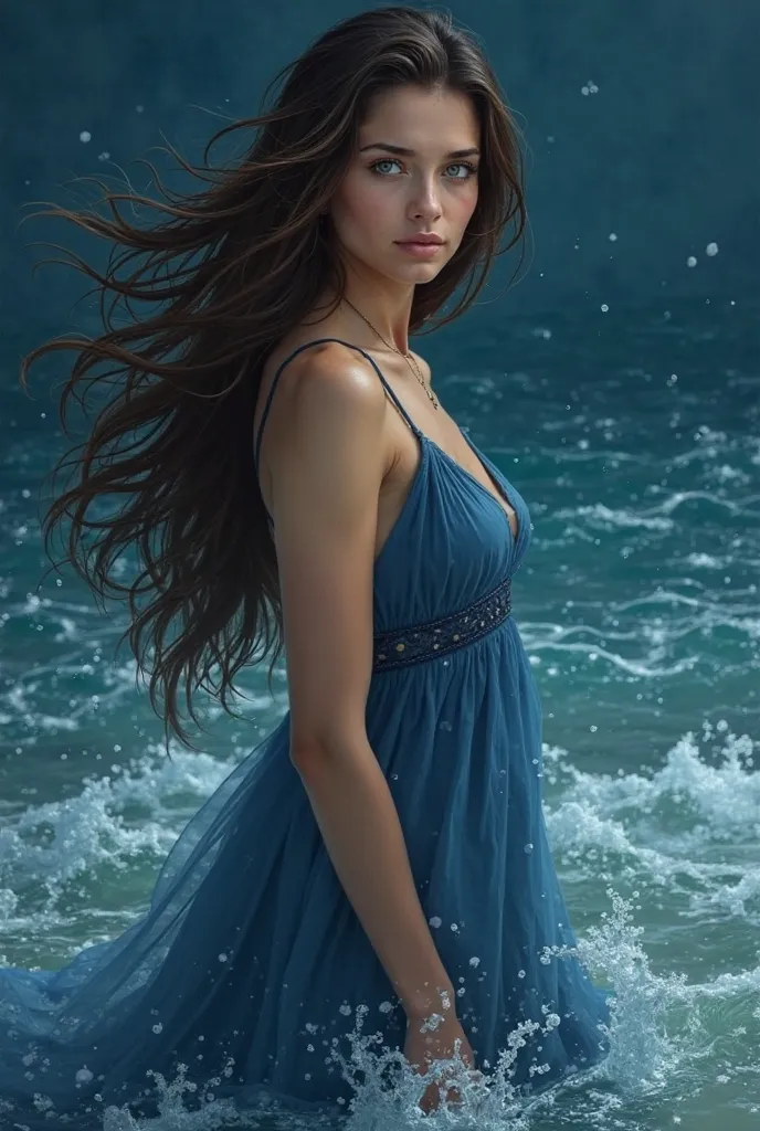 Create a fantasy book cover, sur la couverture, there is a brunette woman with dark brown hair and green eyes,  At the water's edge , her hair is flying and she is wearing a blue dress. Behind her, The background is navy blue.