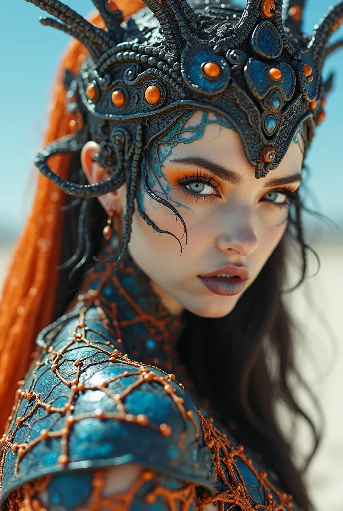  Close Shot up the the Waist of a  Beautiful Real Looking Woman a Demonic Scorpio Queen,  her face pale , Gothic make up,  long thick Eyelashes, Kissable Bibrant Blue Mouth, Orange eye Shadow around her eyes, Black and Blue Scorpio Skin Covering her Body a...