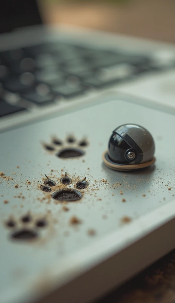 Close-up – Tiny paw prints appear on the dusty laptop surface. A small helmet rolls into the frame.