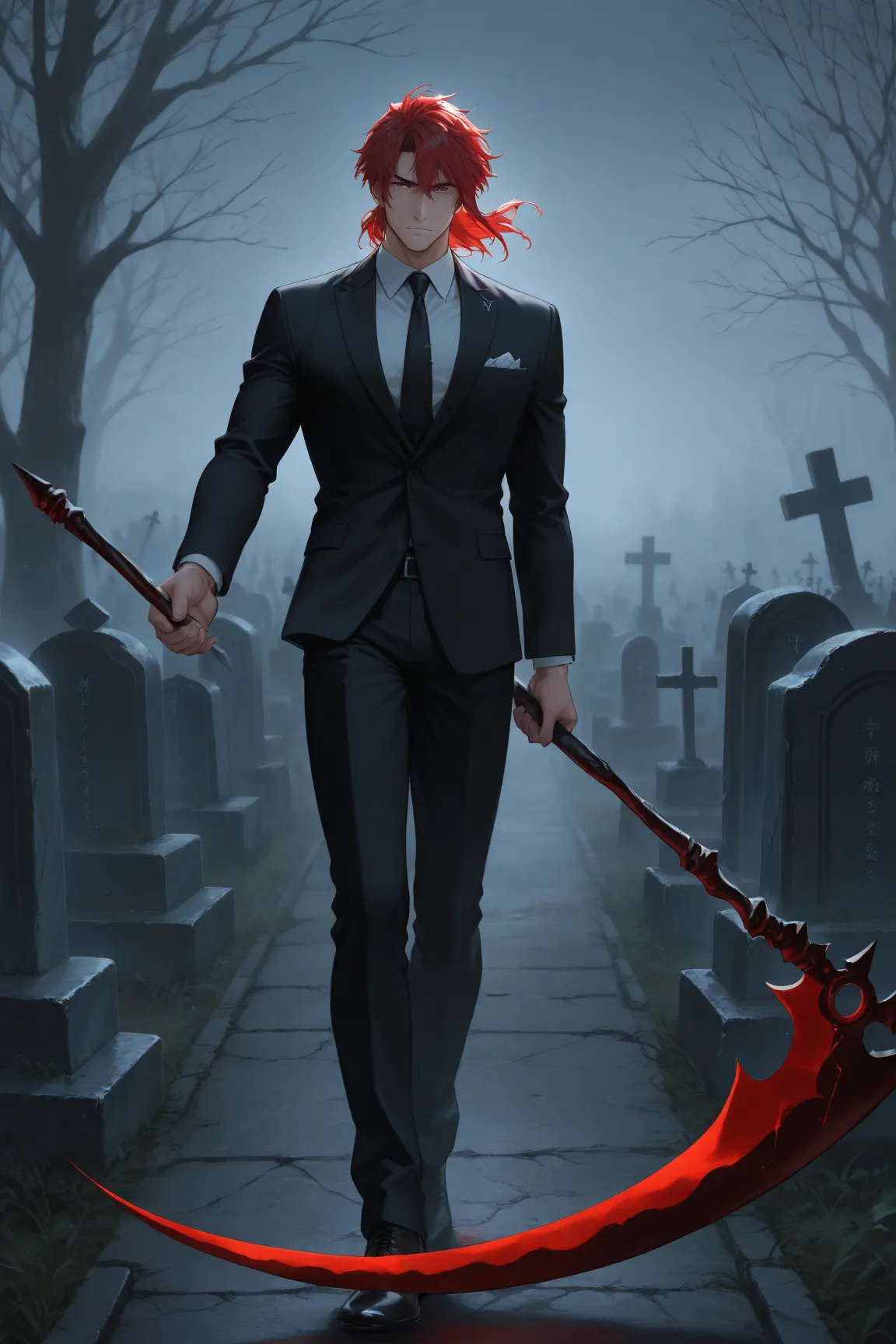  manga , red hair ,male,handsome, graveyard,sound effect,is tall,Grim Reaper&#39;s Scythe,Black Suit, black suit