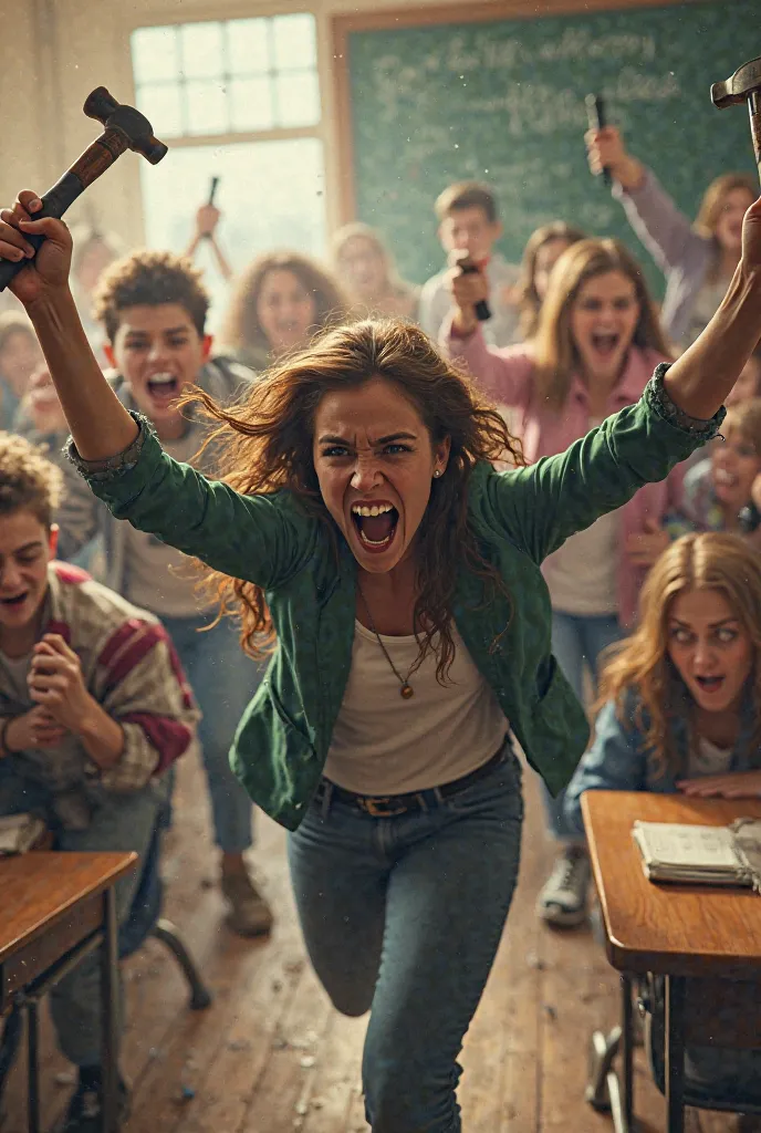 Frustrated students chasing their teachers with hammers