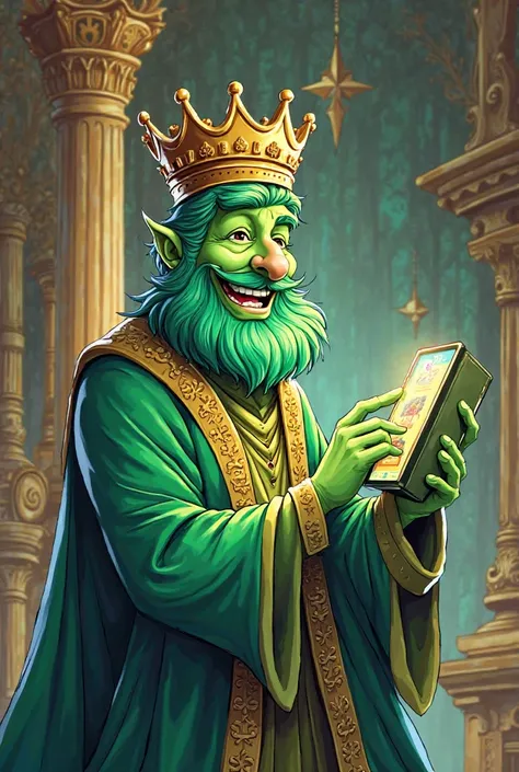 Green corona cartoon king playing casino on his samsung tablet