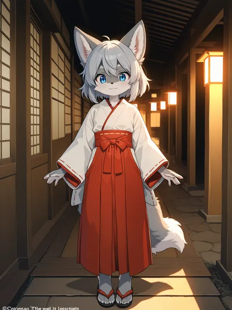 kitsune furry girl, blue eyes, gray fur, japanese clothes, full body, character sheet, detailed clothes, long japanese hair