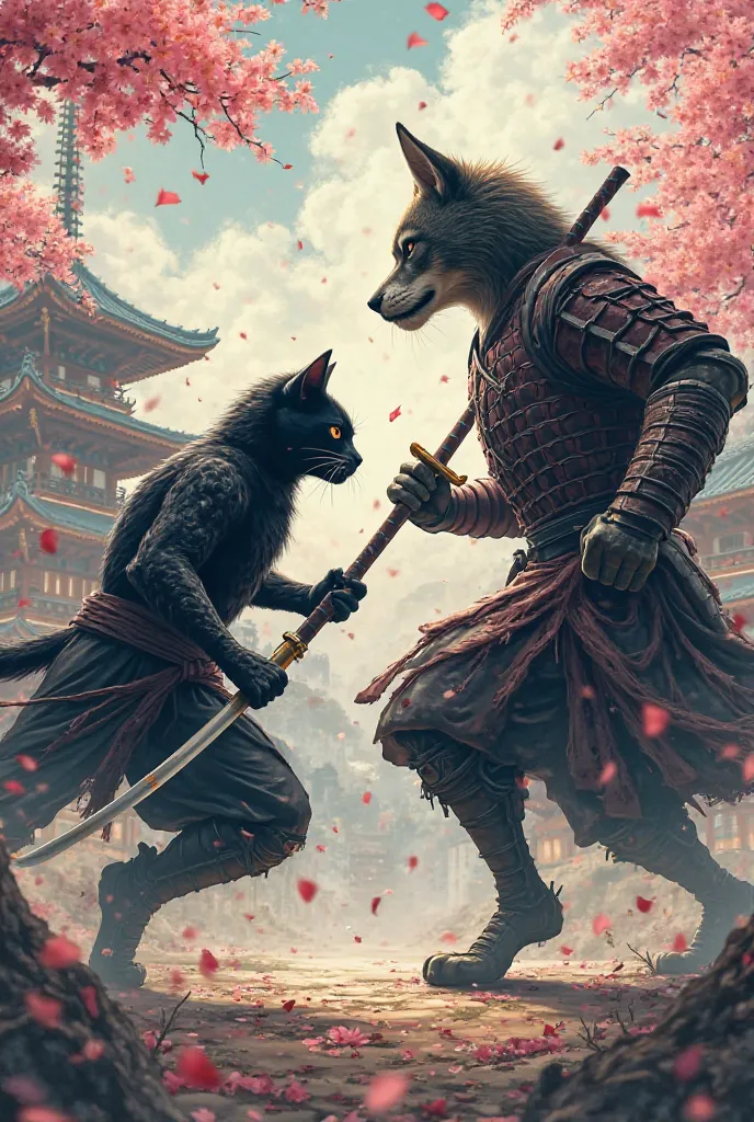 Cat ninja fight with dog samurai 