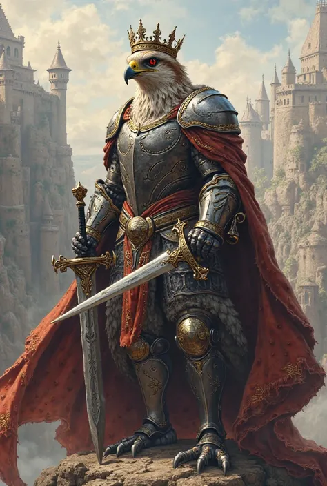 FALCON KING WITH CROWN , MEDIEVAL ARMOR AND A SWORD