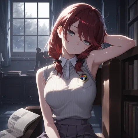 masterpiece, best quality, amazing quality,depressed, expressionless, :|, girl, sitting, light particles, thin, close up, books, dark red hair, swept bangs, low twin tails, hair ribbons, stoic, gray eyes, white sleeveless collared shirt, ribbed vest, gray ...