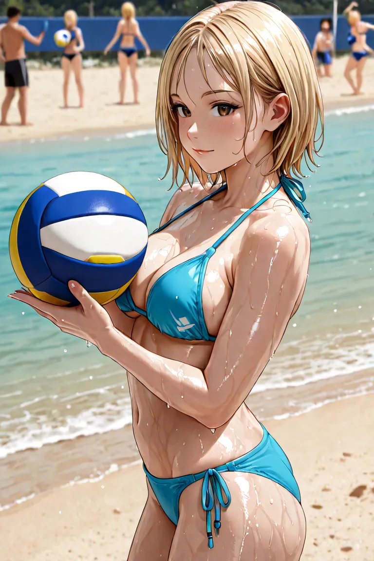 high quality image, female athlete, 24 years old, girl in bikini, female beach volleyball player in swimsuit, short blonde hair, wet body, player posing with enthusiasm and cheers while holding volleyball, clean skin,