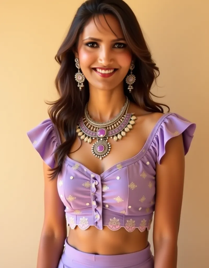 Woman (ethnicity:Indian, age:20-25),  (detailed clothing:1.2),  (accessories:1.2),  (jewelry:1.3) wearing a purple (lavender) crop top and skirt, (detailed embroidery:1.3), (pattern:polka dots, floral),  (detailed lace:1.2),  (detailed necklace:1.3) with i...