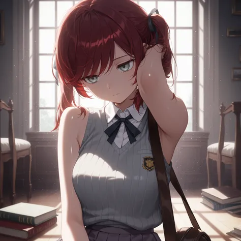 masterpiece, best quality, amazing quality,depressed, expressionless, :|, girl, sitting, light particles, thin, close up, books, dark red hair, swept bangs, low twin tails, hair ribbons, stoic, gray eyes, white sleeveless collared shirt, ribbed vest, gray ...