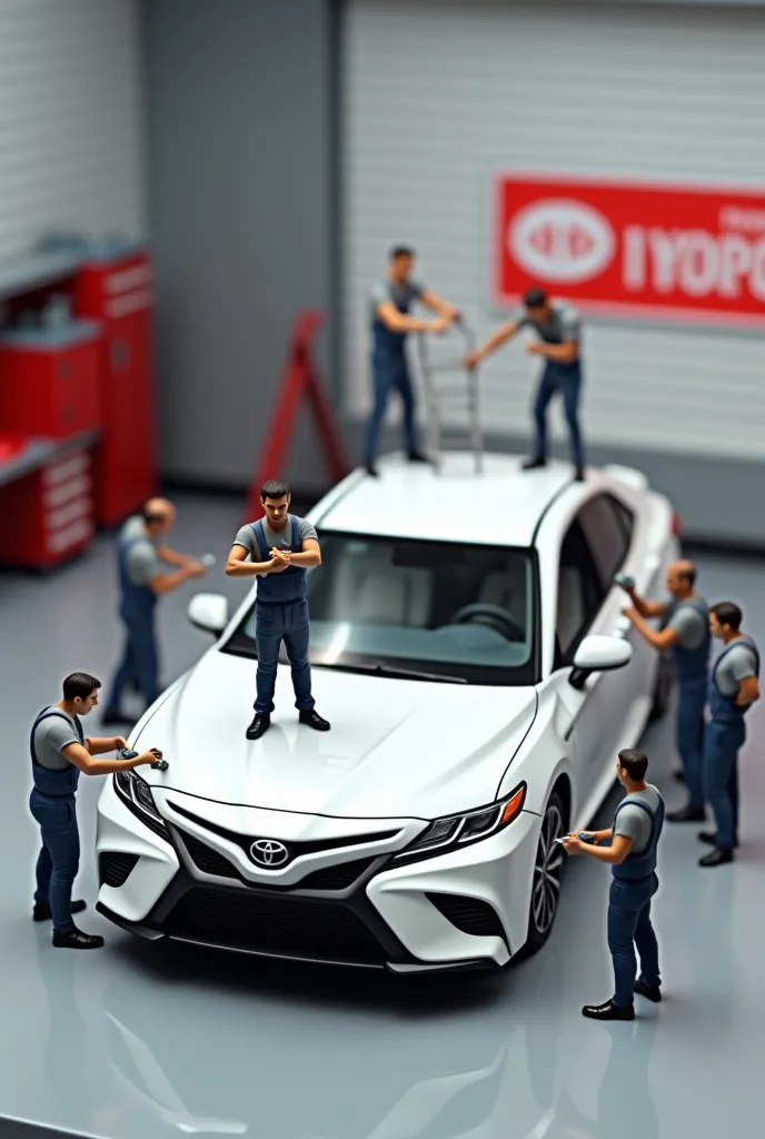 Toyota Camry 80 white 2024 car 
car service colors, around which there are 8 little repairers (about the size of very small toy soldiers) repair. One is standing on the hood with a wrench, another tightens the bolts on a wheel, The third looks under the ca...