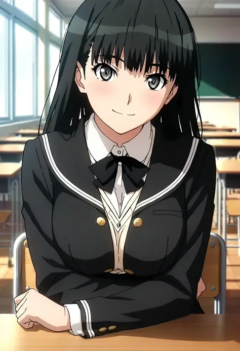 (anime screencap, masterpiece, best quality), 1girl, large breasts, lite smile, looking at viewer, close up face, sitting on the chair, classroom, daytime, BREAK black hair, long hair, school uniform