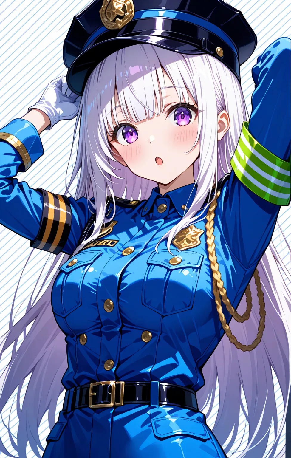 white_gloves, long_hair, blush, belt, purple_eyes, solo, hat, long_sleeves, police_uniform, police, jacket, looking_at_viewer, blue_headwear, buttons, very_long_hair, buckle, striped, bangs, policewoman, open_mouth, :o, white_hair, peaked_cap, belt_buckle,...