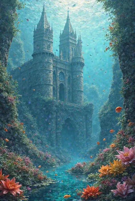 Water flowers,fish , castle