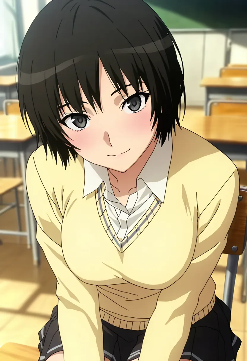 (anime screencap, masterpiece, best quality), 1girl, large breasts, lite smile, looking at viewer, close up face, sitting on the chair, classroom, daytime, BREAK black hair, short hair, black eyes, school uniform