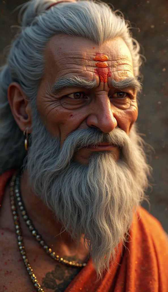 The man sighed deeply and spoke, ‘Yes, I am Ashwatthama. After the great war, Lord Krishna cursed me with eternal life. I cannot die, yet I cannot truly live. My wound never heals. I wander across ages, but peace evades me.’" Generate in cinematic 3d carto...