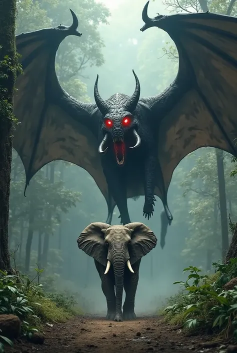 Giant desmodus draculae hunting an elephant, the bat is bigger than the elephant 