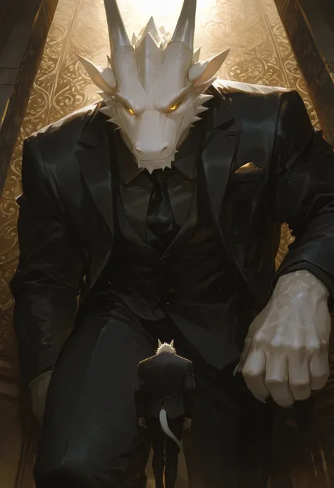  masterpiece, alone, furry，White Dragon, aldult, , golden eyes, Muscular Body，(( huge))，( giant ),  Handsome, Smile，aggressive gaze, wall thump， suit ，first-person perspective