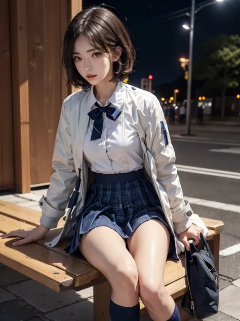 1girl, Japanese woman, Black Hair, (High Top Fade:1.3), Dark Theme, Calm tone, Calm colors, High Contrast, (Natural skin texture, Soft Light, sharp), Night Sky, full body:1.8, (( school uniform, Winter uniform, long sleeve, ((coat)), White shirt, ((navy ja...