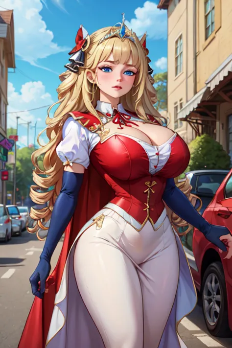 (masterpiece, best quality, absurdres, 4k, aesthetic, detailed, intricate),1girl,nikkecrwn,tiara, hair ribbon, long blonde drill hair, drill locks, Oppulent historically accurate victorian dress,   using a school uniform, Short frilled skirt, chest holster...