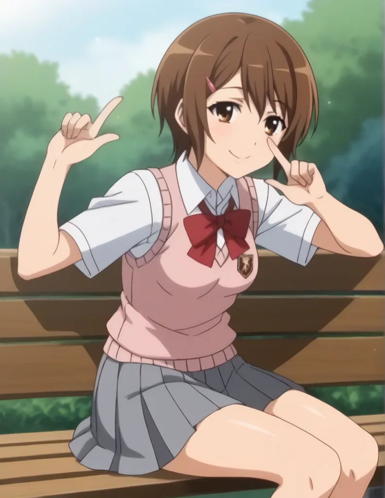  score_9,  score_8_up,  score_7_up,  source_anime, rating_safe, 複雑な詳細, anime screencap, Official body, 1 girl, Alone, Saori, brown eyes, brown hair,  short hair, hair clip,  school uniform, white shirt, Short Sleeve,  red ribbon,   pink sweater vest,  grey...