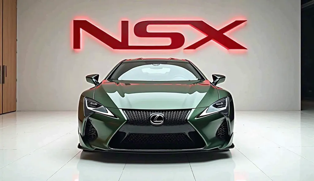 2025 Lexus NSX in metallic dark green front view at the showroom with the name and monogram writing showroom s Wall display.. cars name and monogram writing large words in Red color display with shipping beautiful style display.the car standing in beautifu...