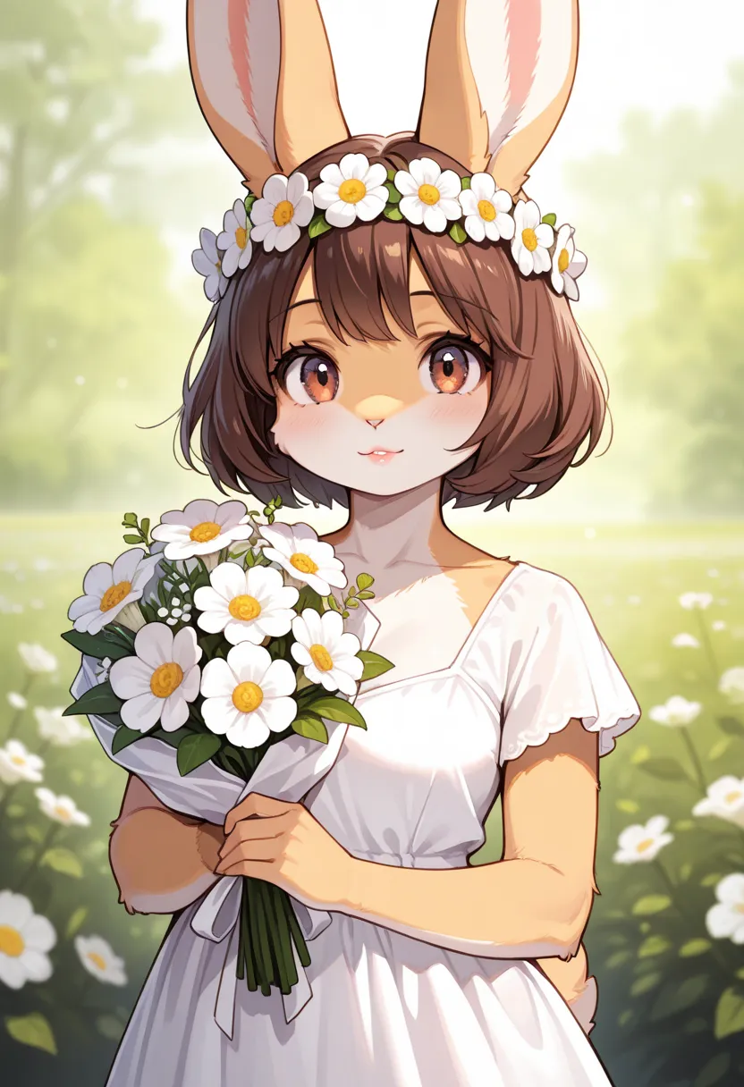 1girl, (furry, kemono:1.4), rabbit girl, animal nose, rabbit ears,  short hair, brown hair, lips, dress, white dress, looking at viewer, flower, bouquet, head wreath, solo, holding, white flower, masterpiece, best quality, very aesthetic