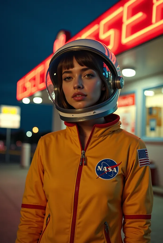 une femme astronaute ressemblant a margot robby, avec son casque d'astronaute , une combinaison jaune sale avec deux bandes rouges et les logo nasa - mission to mars. elle est devant une station servicee américaine des années 50, de nuit avec comme eclaira...