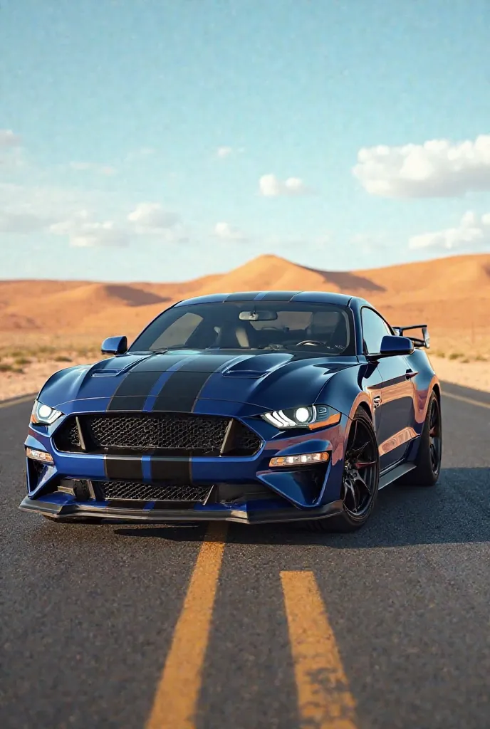 "A hyper-realistic, ultra-detailed Ford Mustang with a muscular, aggressive design, glossy deep blue metallic paint with black racing stripes, and signature sharp LED headlights. The car is in a resting position on a long, straight, and empty desert highwa...