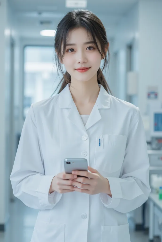 A nurse in a pure white Japanese nurse uniform smiling kindly,live-action,has a smartphone,Hair tied up,Light makeup