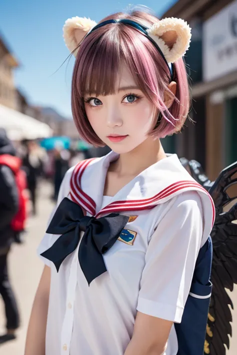 fry wing,ski style, One Girl , Alone, pink hair, animal ears , blue eyes, Wings, looking , bangs, short hair, bow, sailor color , white sailor color , hair bow, pink bow, Closed Her Mouth , shirt, white shirt, bear ears, bob cut, Mini Wing, portrait, detac...