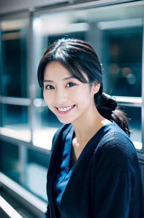 Dental Hygienist 2 Women Only Smile Dark Blue Scrub　Black Cardigan Cute Japanese Black Hair Female in Early 40s　 upper body up　high image quality　Highest quality　　Hair tied up