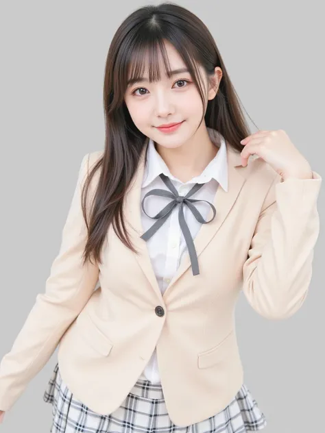 (squinting:1.5), ( Hair:1.5), (bangs:1.5), 8k, Dynamic Angle, high quality, ( Japanese girl), 1 girl, long hair, plump lips, (Big Breasts:1.5),  school uniform姿でこちらを見ている, ( school uniform:1.5), smile