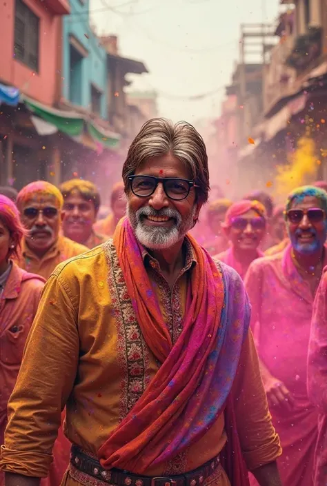 Indian actor Amitabh bachchan playing Holi 