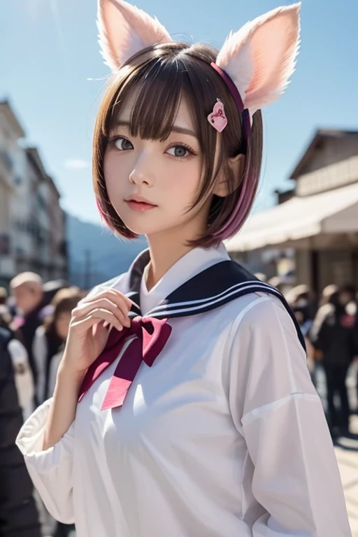 fly wing,ski style, One Girl , Alone, pink hair, animal ears , blue eyes, Wings, looking , bangs, short hair, bow, sailor color , white sailor color , hair bow, pink bow, Closed Her Mouth , shirt, white shirt, bear ears, bob cut, Mini Wing, portrait, detac...