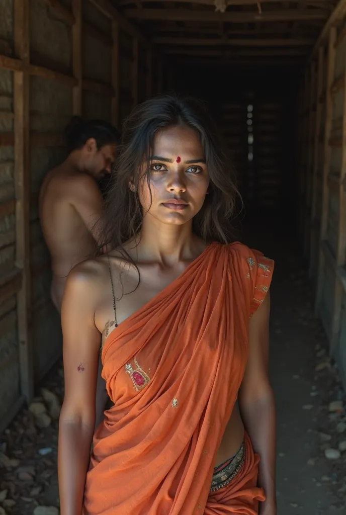 Realistic photo of a Beautiful Indian Woman with white Skin, Wearing a low cut (any colour)saree without blouse navel exposed and is inside a barn, she's tired and her saree is torn,there's a old man without clothes sleeping behind her(close up)