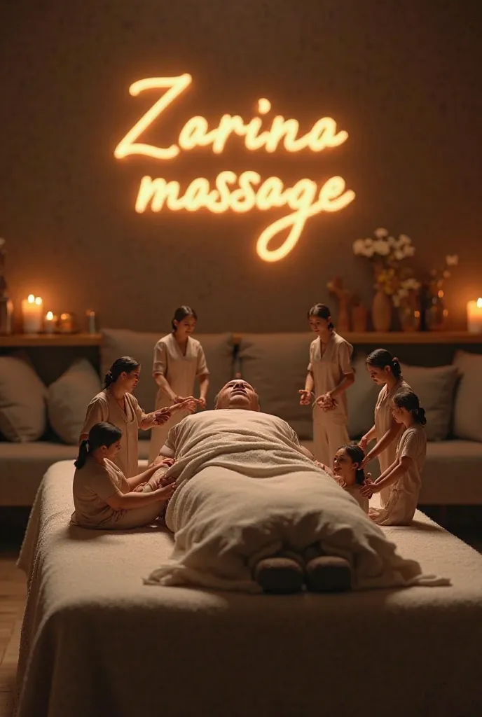 A big man lies on the massage table in a relaxed position, position and around it there are many tiny human massage therapists (video the size of toy soldiers) doing a massage. One stands on his back and stretches his muscles, the other on the leg performs...