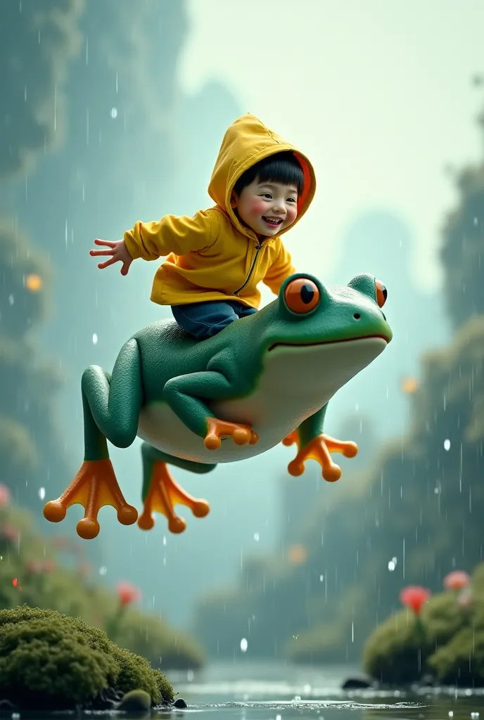 A laughing boy in a raincoat flying on a cloud-shaped frog that leaps from raindrop to raindrop.
